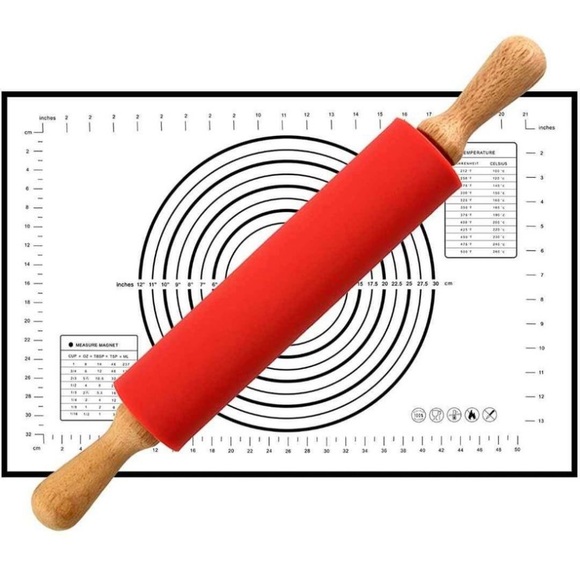 Silicone Pastry Mat (BLACK) and Rolling Pin (RED) Set with Measurements - Picture 5 of 5